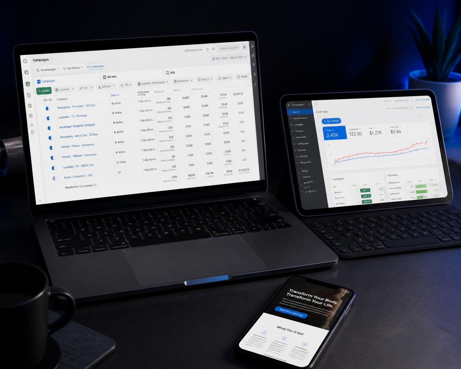 Notebook, tablet e celular exibindo campanhas Meta Ads, Google Ads e dashboards da VCS
